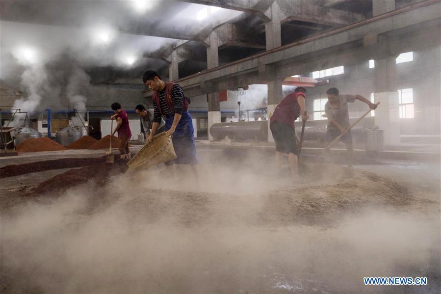 Workers process sorghum grains at a distillery in Maotai town in the city of Renhuai in southwest China\'s Guizhou Province, Oct. 28, 2018. Maotai is a small town in Renhuai City in mountainous Guizhou. What distinguishes it from other Chinese small towns is that it produces a famous brand of Chinese liquor Moutai, which often served on official occasions and at state banquets. The spirit, made from sorghum and wheat, takes up to five years for the whole production process, involving nine times of steaming, eight times of fermentation and seven times of distillation, before aged in clay pots. Moutai is also considered a luxury item that has long been a popular gift. China\'s alcohol industry earned about 1 trillion yuan in revenue in 2017. The total profits rose by 36 percent year on year to over 100 billion yuan, according to China National Light Industry Council. (Xinhua/Chen Yong)