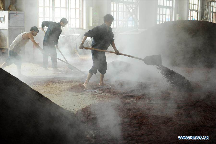 <?php echo strip_tags(addslashes(Workers process sorghum grains at a distillery of Kweichow Moutai in Maotai town in the city of Renhuai in southwest China's Guizhou Province, Oct. 23, 2018. Maotai is a small town in Renhuai City in mountainous Guizhou. What distinguishes it from other Chinese small towns is that it produces a famous brand of Chinese liquor Moutai, which often served on official occasions and at state banquets. The spirit, made from sorghum and wheat, takes up to five years for the whole production process, involving nine times of steaming, eight times of fermentation and seven times of distillation, before aged in clay pots. Moutai is also considered a luxury item that has long been a popular gift. China's alcohol industry earned about 1 trillion yuan in revenue in 2017. The total profits rose by 36 percent year on year to over 100 billion yuan, according to China National Light Industry Council. (Xinhua/Yang Wenbin))) ?>