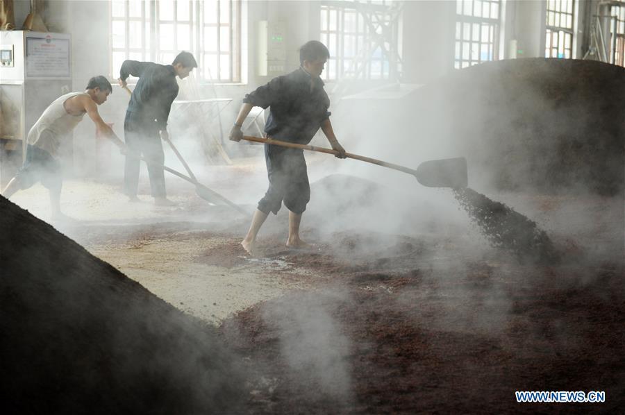 Workers process sorghum grains at a distillery of Kweichow Moutai in Maotai town in the city of Renhuai in southwest China\'s Guizhou Province, Oct. 23, 2018. Maotai is a small town in Renhuai City in mountainous Guizhou. What distinguishes it from other Chinese small towns is that it produces a famous brand of Chinese liquor Moutai, which often served on official occasions and at state banquets. The spirit, made from sorghum and wheat, takes up to five years for the whole production process, involving nine times of steaming, eight times of fermentation and seven times of distillation, before aged in clay pots. Moutai is also considered a luxury item that has long been a popular gift. China\'s alcohol industry earned about 1 trillion yuan in revenue in 2017. The total profits rose by 36 percent year on year to over 100 billion yuan, according to China National Light Industry Council. (Xinhua/Yang Wenbin)