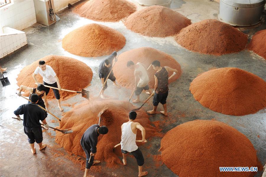 Workers process sorghum grains at a distillery of Kweichow Moutai in Maotai town in the city of Renhuai in southwest China\'s Guizhou Province, Oct. 23, 2018. Maotai is a small town in Renhuai City in mountainous Guizhou. What distinguishes it from other Chinese small towns is that it produces a famous brand of Chinese liquor Moutai, which often served on official occasions and at state banquets. The spirit, made from sorghum and wheat, takes up to five years for the whole production process, involving nine times of steaming, eight times of fermentation and seven times of distillation, before aged in clay pots. Moutai is also considered a luxury item that has long been a popular gift. China\'s alcohol industry earned about 1 trillion yuan in revenue in 2017. The total profits rose by 36 percent year on year to over 100 billion yuan, according to China National Light Industry Council. (Xinhua/Yang Wenbin)