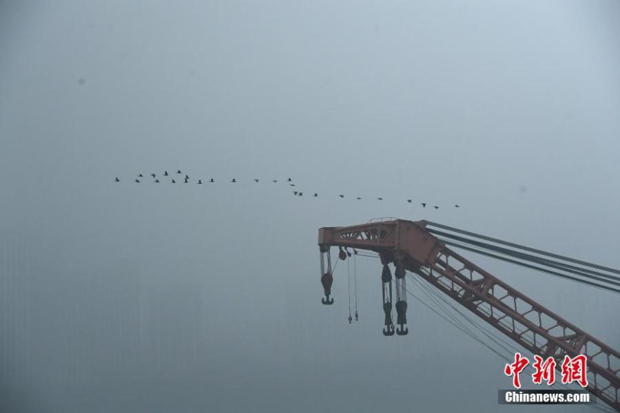 A floating crane is on standby to lift a bus that plunged into the Yangtze River in Wanzhou District, Southwest China\'s Chongqing Municipality, Oct. 31, 2018. An initial police investigation found that 15 people, including the bus driver, were on the bus at the time of the accident. (Photo: China News Service/Chen Chao)