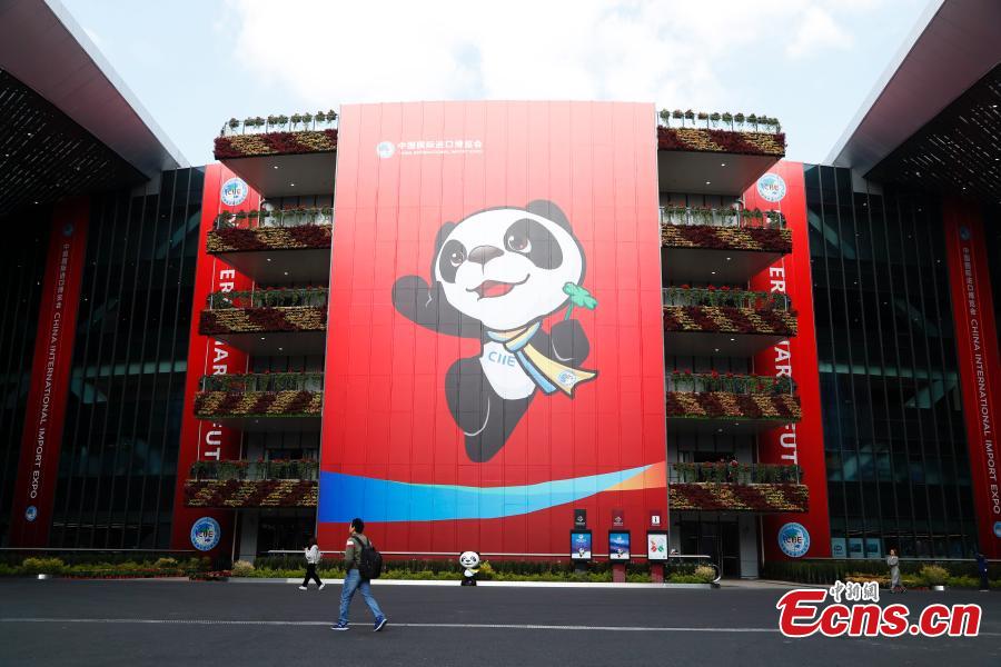 Jinbao, the mascot for the first China International Import Expo (CIIE) is seen marked on a wall of the National Exhibition and Convention Center (Shanghai), the main venue to hold the upcoming first China International Import Expo (CIIE). (Photo: China News Service/Tang Yanjun)