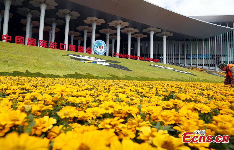 Flower parterre is arranged in front of the National Exhibition and Convention Center. (Photo: China News Service/Tang Yanjun)