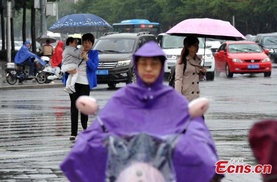 People walk in rain in Fuzhou, southeast China\'s Fujian province on November 2, 2018. According to the provincial meteorological center, as of 5 a.m., Yutu was located about 355 kilometers ofthe coast of Fujian\'s Dongshan county. (Photo: China News Service/ Zhang Bin)