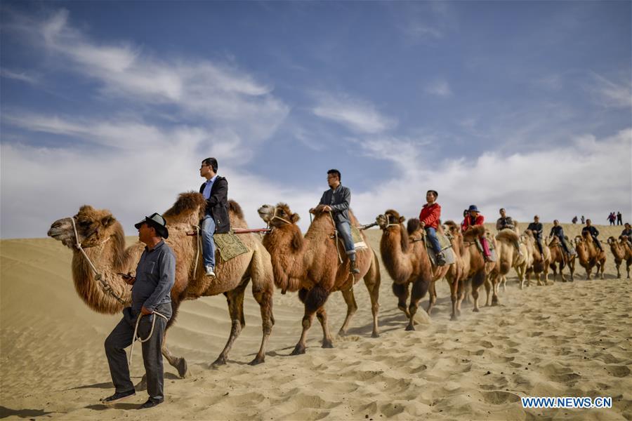 Tourists ride camels in Yuli County, northwest China\'s Xinjiang Uygur Autonomous Region, Oct. 16, 2018. Xinjiang received more than 130 million tourists in the first nine months of 2018, up 38.15 percent year on year. (Xinhua/Zhao Ge)