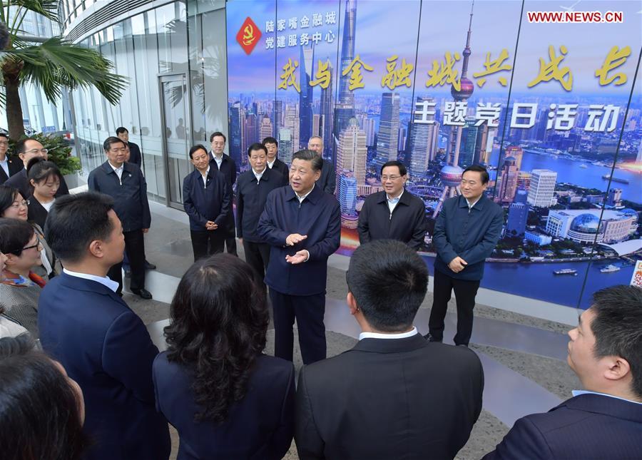 Xi Jinping, general secretary of the Communist Party of China (CPC) Central Committee, Chinese president and chairman of the Central Military Commission, speaks while inspecting the Lujiazui Financial City CPC construction service center in the Shanghai Tower to learn the CPC construction work of the skyscrapers in Pudong New District of Shanghai, east China, Nov. 6, 2018. Xi Jinping inspected Shanghai on Tuesday. (Xinhua/Li Tao)