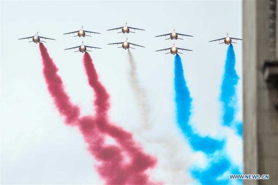 <?php echo strip_tags(addslashes(The Patrouille de France aerobatic team fly over the Arc de Triomphe before the ceremony to commemorate the 100th anniversary of the end of World War I in Paris, France, Nov. 11, 2018. (Xinhua/Zheng Huansong))) ?>