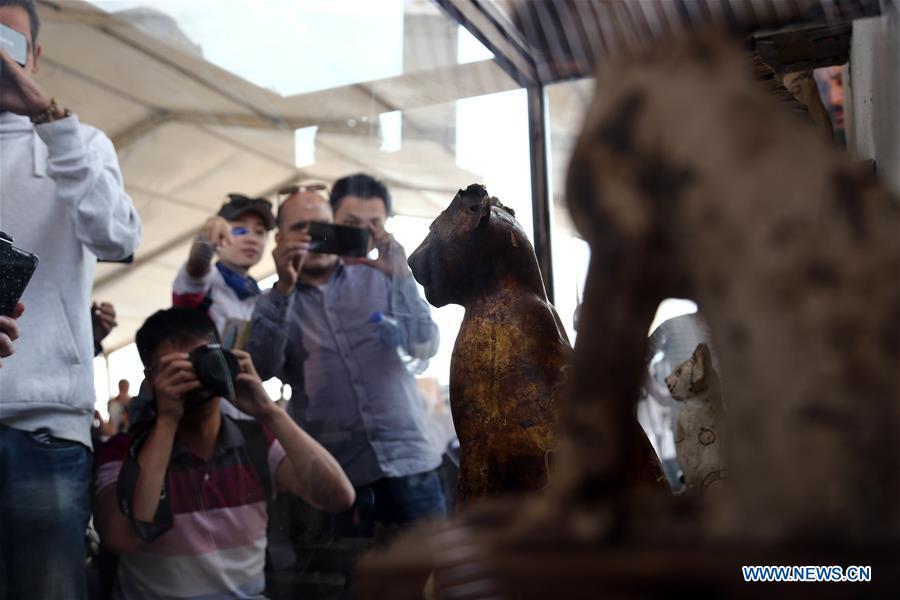 People look at the unearthed artifacts in Saqqara Necropolis, Giza Province, Egypt, on Nov. 10, 2018. Egypt\'s Minister of Antiquities Khaled al-Anany announced Saturday the discovery of seven pharaonic tombs in Saqqara Necropolis. (Xinhua/Ahmed Gomaa)