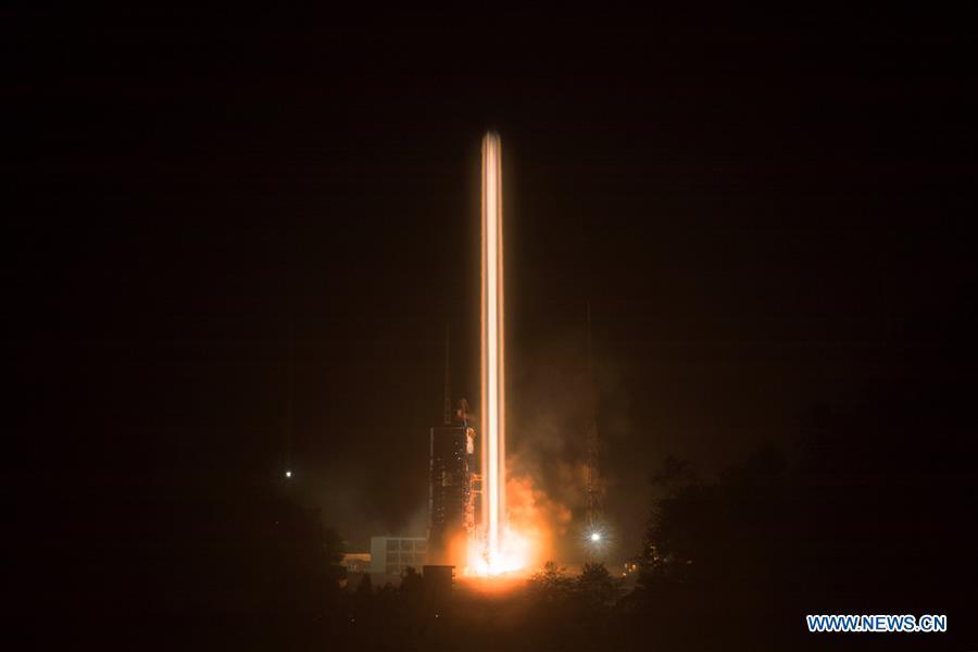 In this photo taken with a long-time exposure, China sends two new satellites of the BeiDou Navigation Satellite System (BDS) into space on a Long March-3B carrier rocket from the Xichang Satellite Launch Center in southwest China\'s Sichuan Province, at 2:07 a.m. on Nov. 19, 2018. (Xinhua/Ju Zhenhua)