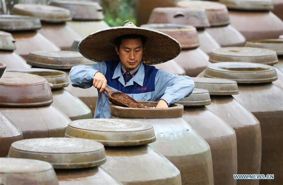 A worker checks the fermentation situation for vinegar brewing at a vinegar plant in Chishui, southwest China\'s Guizhou Province, Nov. 18, 2018. Chishui maintained a traditional method to make vinegar with over 30 process steps.(Xinhua/Wang Changyu)