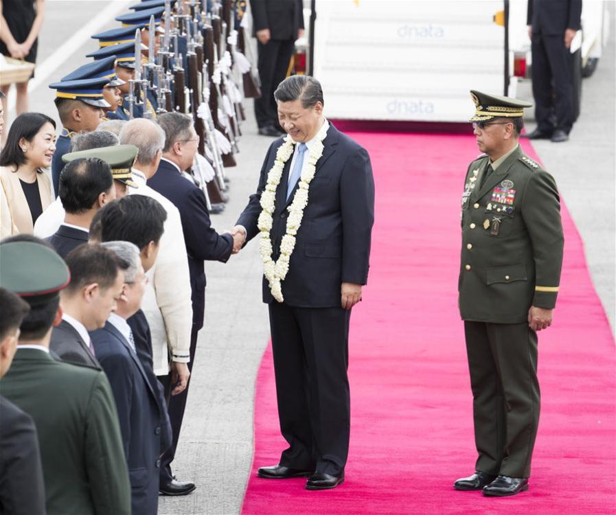 <?php echo strip_tags(addslashes(Chinese President Xi Jinping is welcomed upon his arrival in Manila, the Philippines, Nov. 20, 2018. Xi arrived here on Tuesday for a state visit to the Philippines. (Xinhua/Huang Jingwen))) ?>
