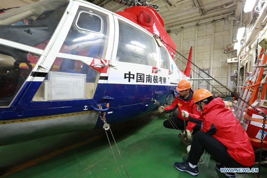 <?php echo strip_tags(addslashes(Staff members check a helicopter on China's research icebreaker Xuelong, also known as the Snow Dragon, on Nov. 21, 2018. The icebreaker is on China's 35th Antarctic research expedition. At 6:22 p.m. Wednesday (local time), Xuelong crossed the stormy westerlies on its way toward China's Zhongshan Station in Antarctic. (Xinhua/Liu Shiping))) ?>