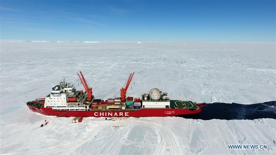 <?php echo strip_tags(addslashes(Aerial photo taken on Dec. 3, 2018 shows China's research icebreaker Xuelong in Antarctica. China's research icebreaker Xuelong, also known as the Snow Dragon, is now 44 kilometers away from the Zhongshan station. Unloading operations have been carried out after the routes were determined. (Xinhua/Liu Shiping))) ?>