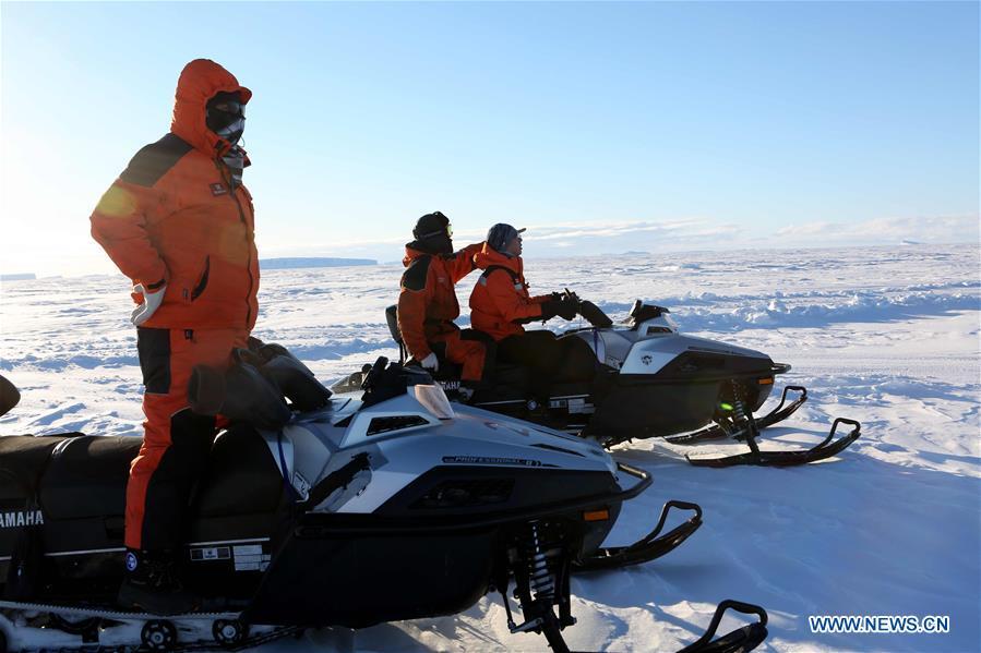 <?php echo strip_tags(addslashes(Staff members of the research team drive snowmobiles to detect routes on ice in Antarctica, Nov. 30, 2018. China's research icebreaker Xuelong, also known as the Snow Dragon, is now 44 kilometers away from the Zhongshan station. Unloading operations have been carried out after the routes were determined. (Xinhua/Liu Shiping))) ?>