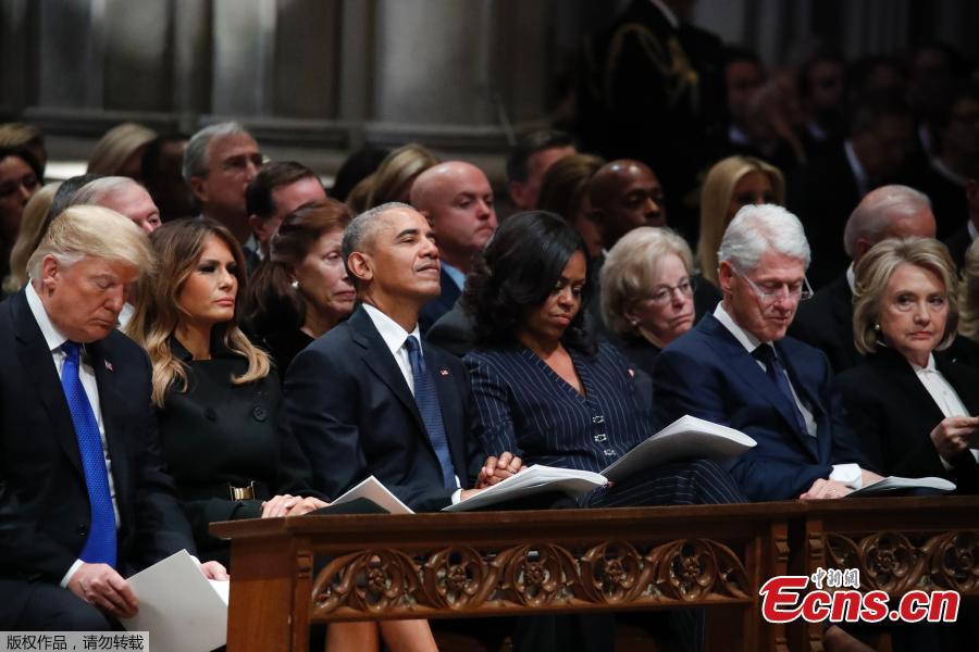 US President Donald Trump, first lady Melania Trump, former President Barack Obama, former first lady Michelle Obama, former President Bill Clinton, former Secretary of State Hillary Clinton, former President Jimmy Carter and former first lady Rosalynn Carter participate in the State Funeral for former President George H.W. Bush, at the National Cathedral, Wednesday, Dec. 5, 2018 in Washington.(Photo/Agencies)