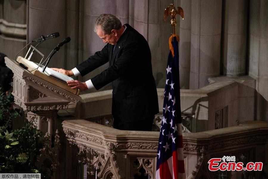 Former President George W. Bush fights back tears as he speaks during the State Funeral for his father, former President George H.W. Bush, at the National Cathedral, Wednesday, Dec. 5, 2018, in Washington.(Photo/Agencies)