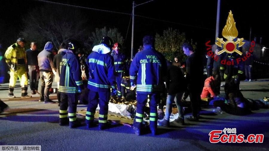 <?php echo strip_tags(addslashes(Emergency personnel attend to victims of a stampede at a nightclub in Corinaldo, near Ancona, Italy, December 8, 2018. At least six people were killed and more than 100 others injured in the accident, local media reported.(Photo/Agencies))) ?>