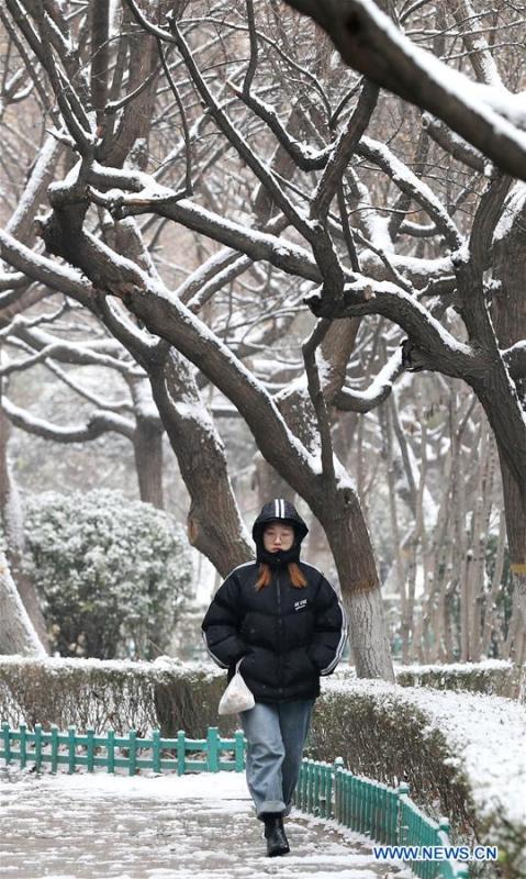 A pedestrian walks in snow in Weifang City, east China\'s Shandong Province, Dec. 11, 2018. Parts of Shandong Province met snow on Tuesday. (Xinhua/Zhang Chi)