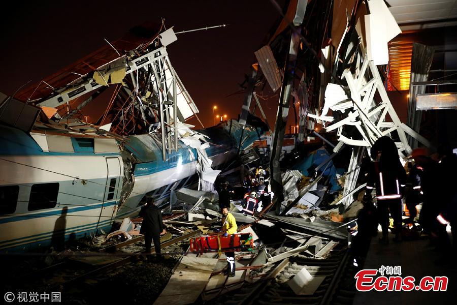 <?php echo strip_tags(addslashes(Wreckage of a high speed train is seen after it collides with another locomotive and crashes into an overpass at a train station in Ankara, Turkey, December 13, 2018. Four people were killed and more than 40 injured in the deadly crash, the governor's office reported.(Photo/VCG))) ?>