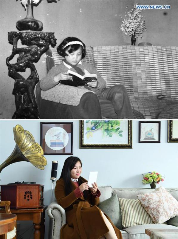 The upper part of this combo photo taken in 1993 shows eight-year-old Peng Jing reading a book at home in Nanchang, capital city of east China\'s Jiangxi Province. At that time her family lived in an 80-square-meter apartment and owned a 14-inch color TV. The lower part of the combo photo taken by Wan Xiang on Nov. 14, 2018 shows 33-year-old Peng Jing reading an ebook at home in Nanchang. Peng, who is now working in a media, lives in a 180-square-meter apartment. (Xinhua)