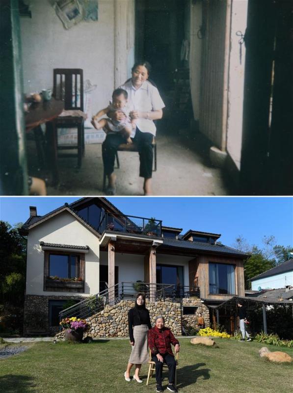 The upper part of this combo photo taken in September of 1996 shows Xu Miaoxiang holding her 11-month-old granddaughter Lan Qingxia at their adobe house. At that time, they lived in a two-storey adobe house with the first floor as living rooms and the second floor to place agricultural tools. The lower part of the combo photo taken by Huang Zongzhi on Nov. 27, 2018 shows Lan Qingxia (L) and her 75-year-old grandma posing for photo in front of their new house. The former old house was later rebuilt to be a guesthouse. (Xinhua)