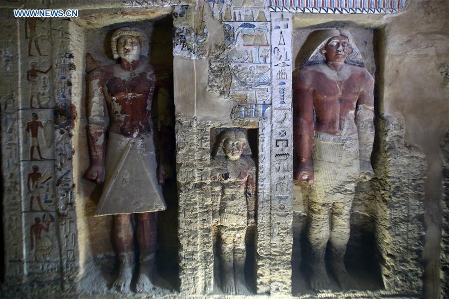 <?php echo strip_tags(addslashes(Photo taken on Dec. 15, 2018 shows the sculptures in a tomb in Saqqara Necropolis in Giza, Egypt. Egyptian Antiquities Minister Khaled al-Anany announced Saturday the discovery of an 