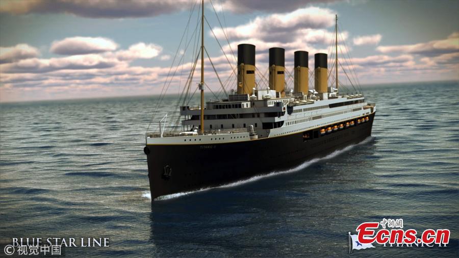 Australian billionaire Clive Palmer said work has resumed on a stalled project to build a replica of Titanic. The Titanic II is set to make its two-week maiden voyage in 2022. The ship will follow the original journey, carrying passengers from Southampton to New York. Features of the original ship, such as its grand staircase, were incorporated into early designs. (Photo/Blue Star Line)
