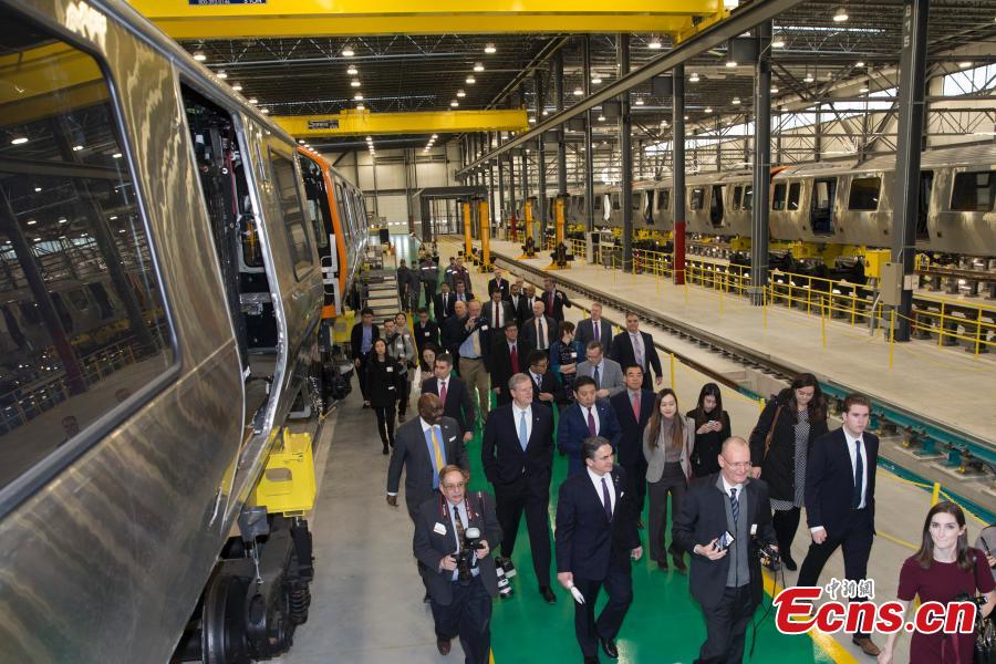 CRRC, a leading manufacturer of locomotives and rolling stock in China, rolls out the first train from its factory in Springfield, Massachusetts, the United States. The Chinese company supplies trains to the Massachusetts state transportation authority for use on Boston\'s Red and Orange subway lines. (Photo: China News Service/Liao Pan)