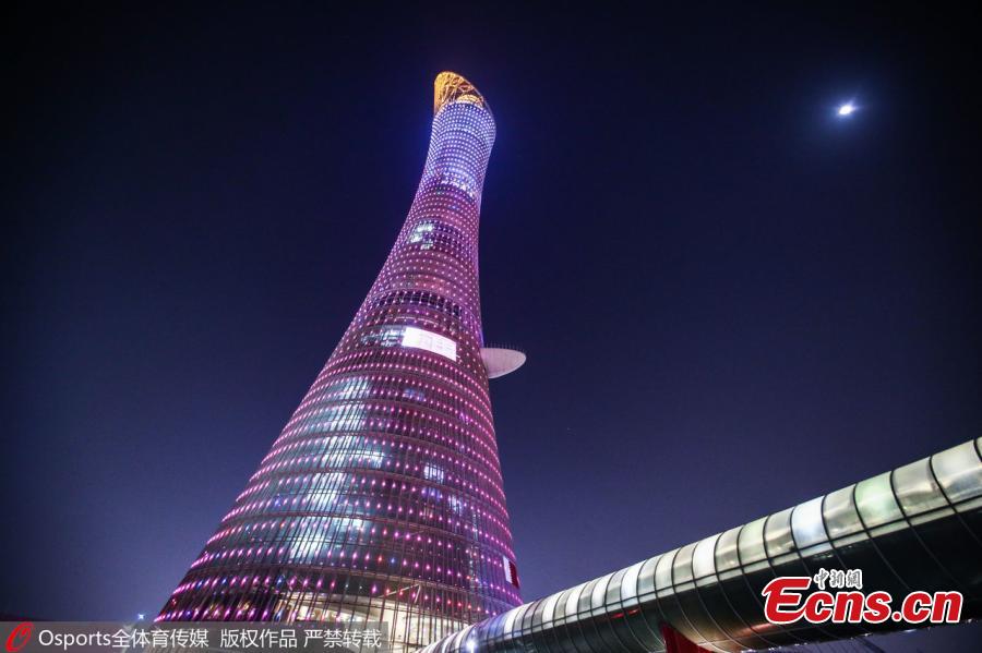 Photo taken on Dec. 20, 2018 shows the Aspire Tower, also known as the Torch Doha, a 300-metre-tall skyscraper hotel located in the Aspire Zone complex in Doha, Qatar. Chinese men\'s national soccer team players have arrived at the hotel to warm up for the upcoming 2019 AFC Asian Cup. (Photo/Osports)