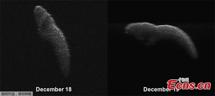 These two radar images of near-Earth asteroid 2003 SD220 were obtained on Dec. 18-19, 2018 using the Arecibo Observatory and Green Bank Telescope. The asteroid looks much like a hippo wading in a river, NASA says. (Photo/Agencies)