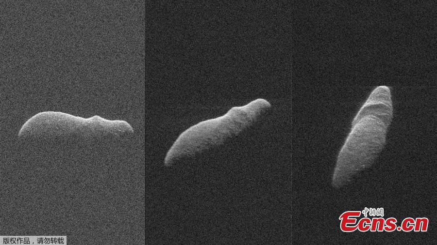 These three radar images of hippo-shaped near-Earth asteroid 2003 SD220 were captured between Dec. 15-17, 2018 using NASA\'s Goldstone antenna, the Arecibo Observatory in Puerto Rico and the Green Bank Telescope in West Virginia. (Photo/Agencies)