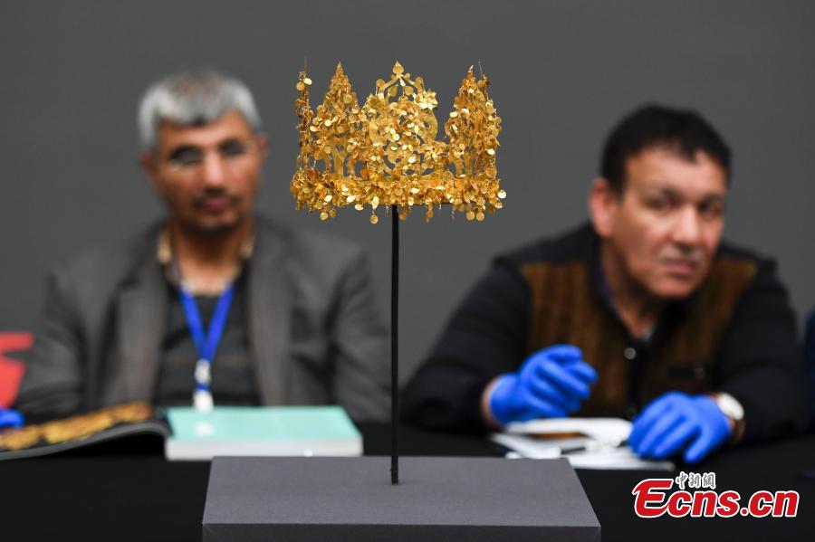 A gold crown discovered in Afghanistan is on display ahead of the \