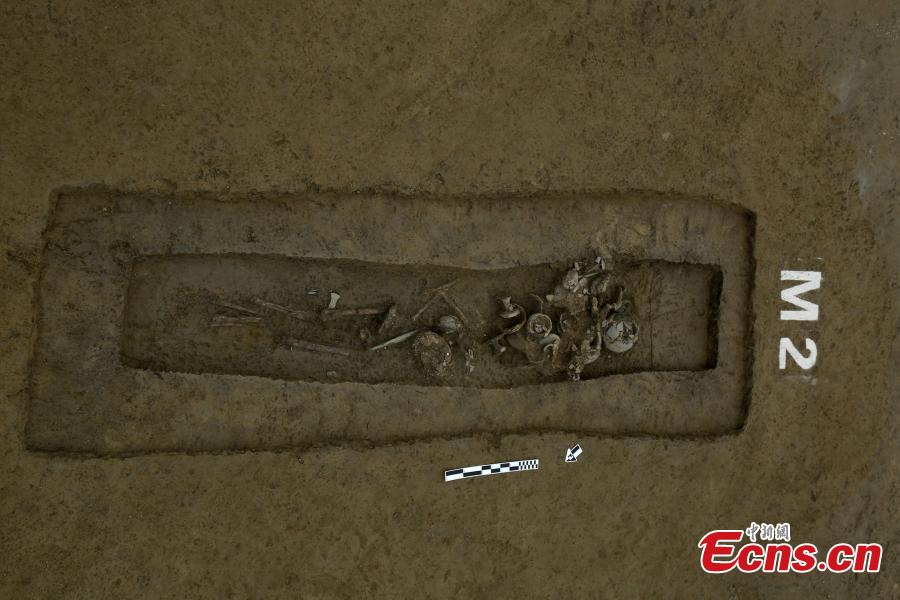 Photo provided by the Chengdu Cultural Relics and Archaeology Research Institute shows excavation work at ruins in Minqiang Village in Chengdu City, Southwest China\'s Sichuan Province. Archaeologists found 38 tombs from the Warring States Period (475?221 BC) in ancient China, including some that were used for minors. (Photo provided to China News Service)