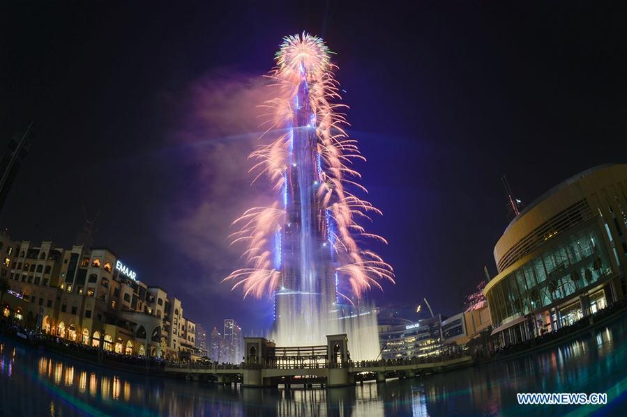 Fireworks are seen at the Burj Khalifa on New Year\'s Eve in Dubai, the United Arab Emirates, Jan. 1, 2019. (Xinhua)