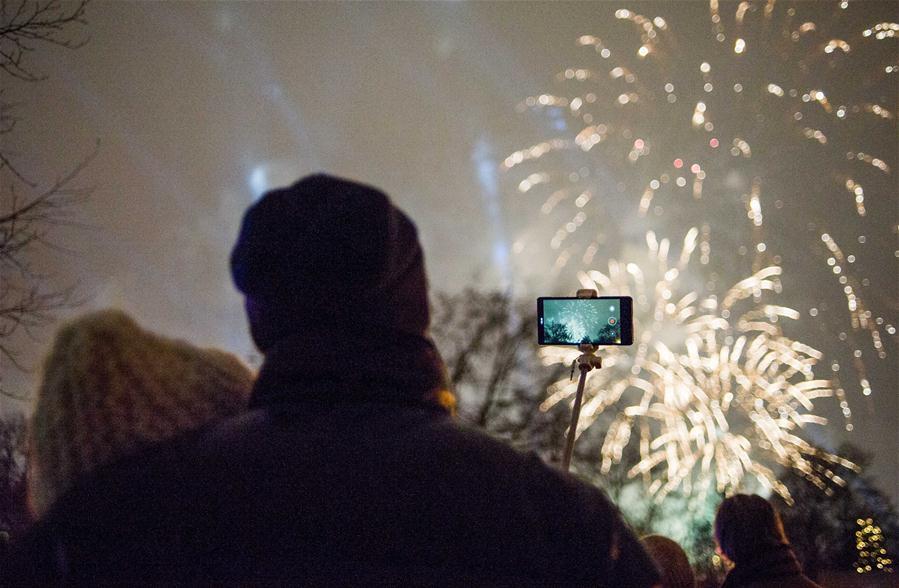 People make a video of the New Year fireworks in Berlin, Germany, Jan. 1, 2019. (Xinhua/Lian Zhen)