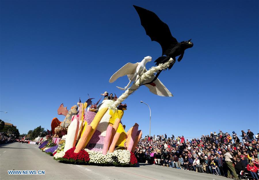 A float moves along Colorado Boulevard during the 130th Rose Parade in Pasadena, California, the United States, on Jan. 1, 2019. (Xinhua/Zhao Hanrong)
