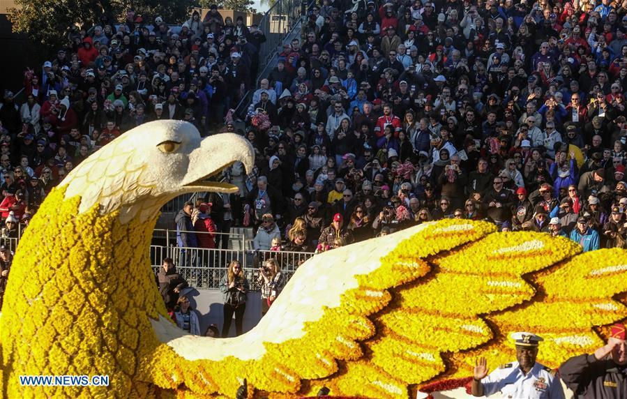 A float moves along Colorado Boulevard during the 130th Rose Parade in Pasadena, California, the United States, on Jan. 1, 2019. (Xinhua/Zhao Hanrong)