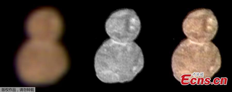 This handout image released January 2, 2019 by NASA, the first color image of Ultima Thule, taken at a distance of 85,000 miles (137,000 kilometers) at 4:08 Universal Time on January 1, 2019, highlights its reddish surface. At left is an enhanced color image taken by the Multispectral Visible Imaging Camera (MVIC), produced by combining the near infrared, red and blue channels. The center image taken by the Long-Range Reconnaissance Imager (LORRI) has a higher spatial resolution than MVIC by approximately a factor of five. At right, the color has been overlaid onto the LORRI image to show the color uniformity of the Ultima and Thule lobes. （Photo/Agencies）