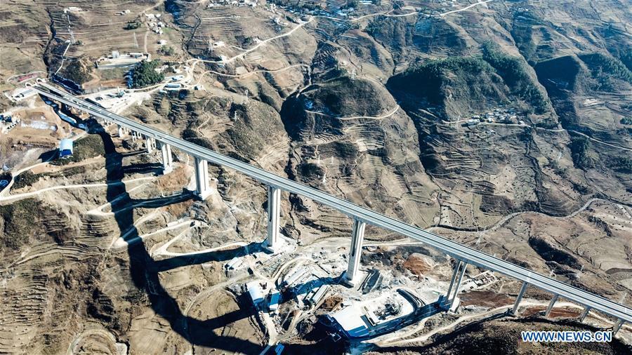 <?php echo strip_tags(addslashes(Aerial photo taken on Jan. 3, 2019 shows a part of the Liupanshui-Weining Highway in southwest China's Guizhou Province. The Liupanshui-Weining Highway with a highest altitude of 2,260 meters, the highest highway in the province, opened to traffic on Thursday. (Xinhua/Tao Liang))) ?>