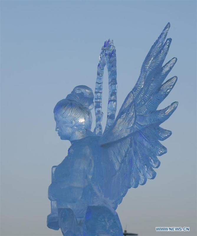 Photo taken on Jan. 3, 2019 shows a part of an ice sculpture during an international ice sculpture competition in Harbin, capital of northeast China\'s Heilongjiang Province. (Xinhua/Wang Song)