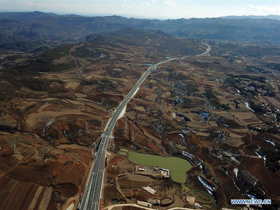 <?php echo strip_tags(addslashes(Aerial photo taken on Jan. 3, 2019 shows a part of the Liupanshui-Weining Highway in southwest China's Guizhou Province. The Liupanshui-Weining Highway with a highest altitude of 2,260 meters, the highest highway in the province, opened to traffic on Thursday. (Xinhua/Yang Wenbin))) ?>