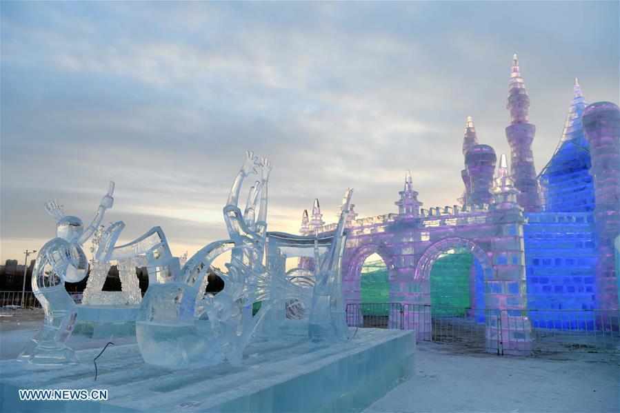 Photo taken on Jan. 4, 2019 shows an ice sculpture work by a Russian team during an international ice sculpture competition in Harbin, capital of northeast China\'s Heilongjiang Province. The competition concluded on Friday. (Xinhua/Wang Jianwei)