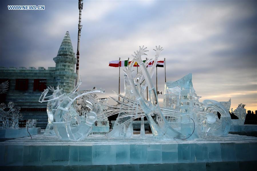 Photo taken on Jan. 4, 2019 shows an ice sculpture work by a Russian team during an international ice sculpture competition in Harbin, capital of northeast China\'s Heilongjiang Province. The competition concluded on Friday. (Xinhua/Wang Jianwei)