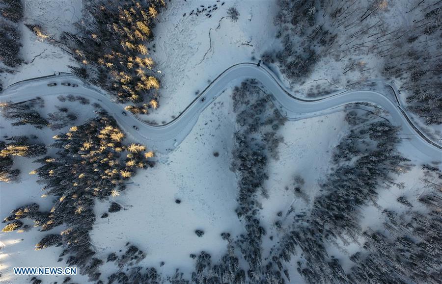 Aerial photo taken on Jan. 2, 2019 shows snow scenery in Kanas, northwest China\'s Xinjiang Uygur Autonomous Region. Kanas scenic spot attracts lots of visitors in winter with its pure snow scenery and various entertainment. (Xinhua/Zhao Ge)