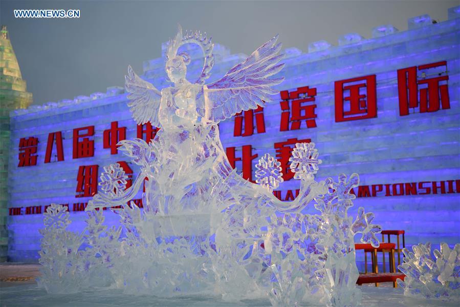 Photo taken on Jan. 4, 2019 shows an ice sculpture work during an international ice sculpture competition in Harbin, capital of northeast China\'s Heilongjiang Province. The competition concluded on Friday. (Xinhua/Wang Jianwei)