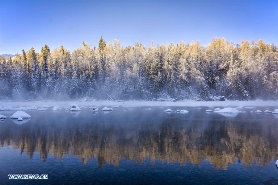 Photo taken on Jan. 2, 2019 shows cedar trees near the Kanas Lake in Kanas, northwest China\'s Xinjiang Uygur Autonomous Region. Kanas scenic spot attracts lots of visitors in winter with its pure snow scenery and various entertainment. (Xinhua/Zhao Ge)