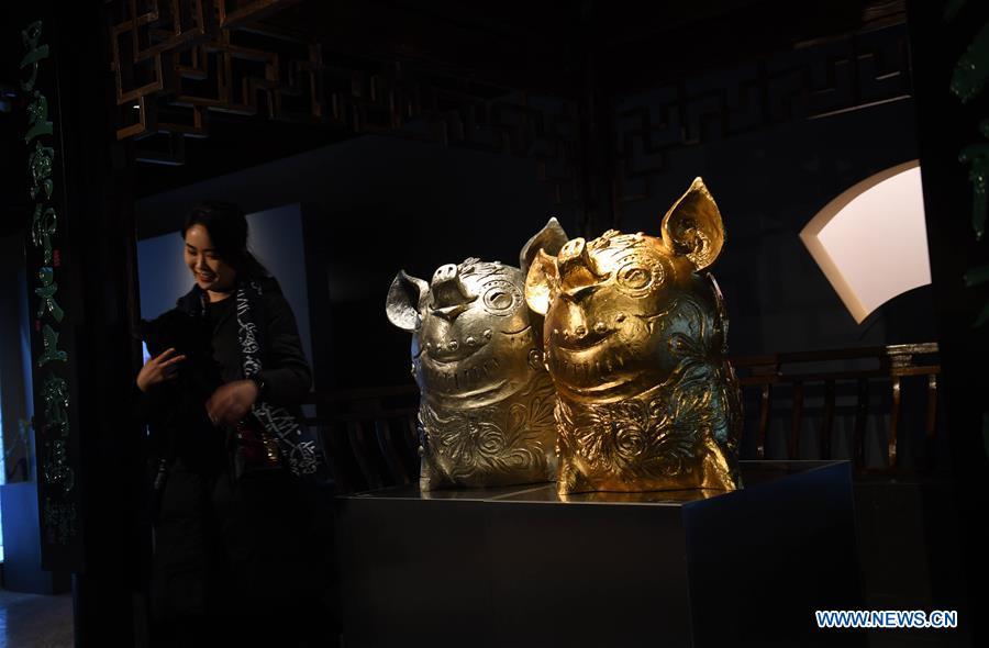 A visitor views Han Meilin\'s Chinese Zodiac Art Exhibition in Beijing, capital of China, Jan. 5, 2019. The Chinese Zodiac Art Exhibition, displaying the fine arts of Chinese artist Han Meilin, kicked off in the Palace Museum on Saturday and will last until Feb. 20, 2019. (Xinhua/Jin Liangkuai)