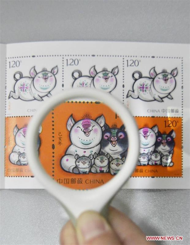 Special zodiac stamps for the lunar year of the Pig are seen at a postal outlet in Binzhou City, east China\'s Shandong Province, Jan. 5, 2019. China Post on Saturday issued a set of special zodiac stamps in honor of 2019 Chinese Lunar New Year, or the Year of the Pig. The Year of the Pig starts from Feb. 5, 2019. (Xinhua/Li Rongxin)