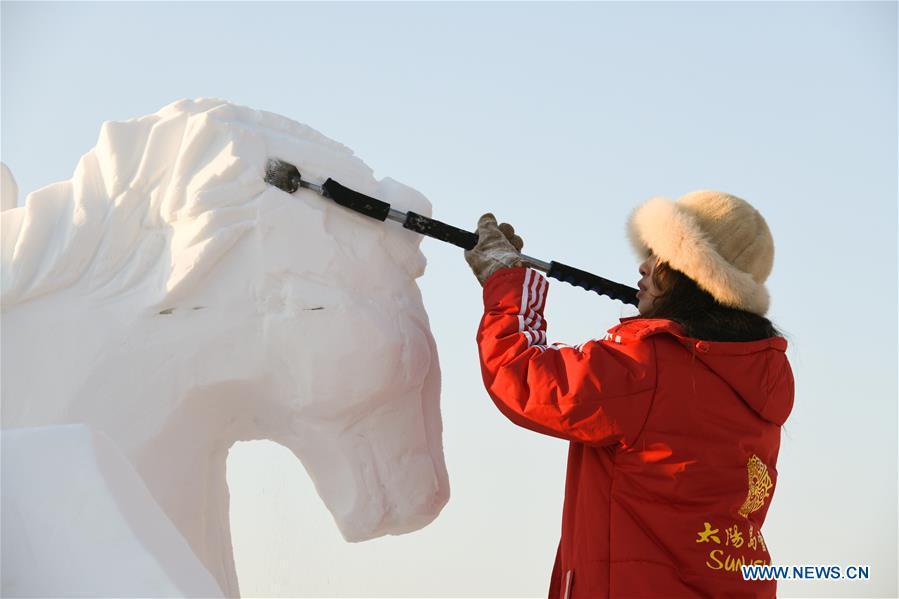 A participant works on a snow sculpture at the Sun Island International Snow Sculpture Art Expo park in Harbin, northeast China\'s Heilongjiang Province, Jan. 6, 2019. The four-day snow sculpture competition of college students attracted over 70 participants from 17 colleges across China. (Xinhua/Wang Song)