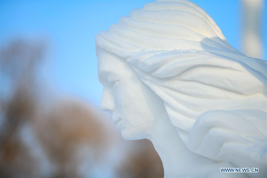 Photo taken on Jan. 6, 2019 shows a snow sculpture at the Sun Island International Snow Sculpture Art Expo park in Harbin, northeast China\'s Heilongjiang Province. The four-day snow sculpture competition of college students attracted over 70 participants from 17 colleges across China. (Xinhua/Wang Song)
